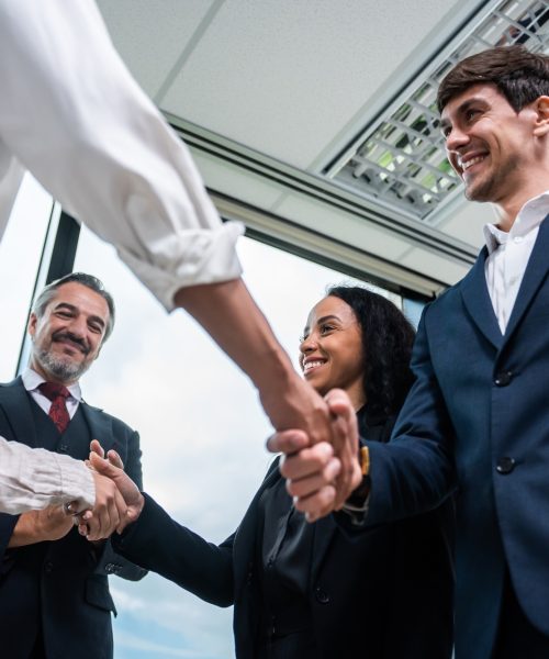 Caucasian businessman making a handshake together while stand in office.